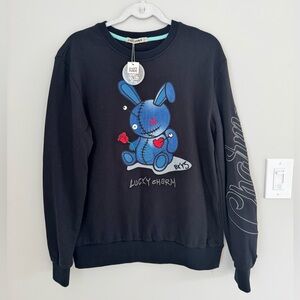 NWT BKYS Lucky Charm Black Pullover Crewneck Sweatshirt Blue rag bunny rabbit M